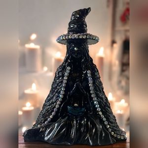 5 inch Black Witch figure with pen holder hat. Decorated with rhinestones.
